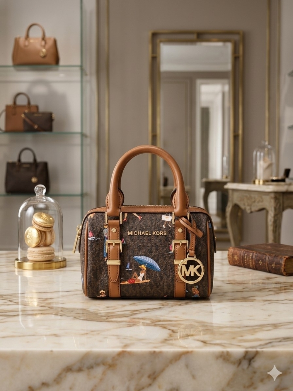 Michael Kors Brown Beach Print Mini Satchel with Tan Trim